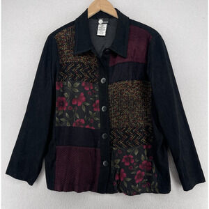 FIRST OPTION Top Womens 16W Floral Patchwork Overshirt Button Up Black Vtg
